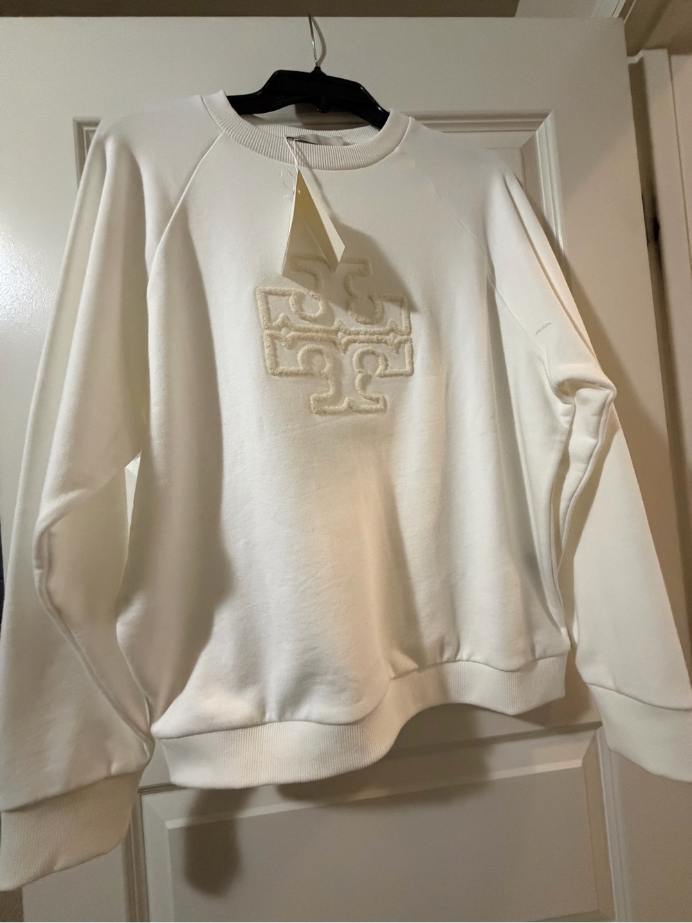 Tory Burch Ivory Plush Logo Crewneck Sweatshirt